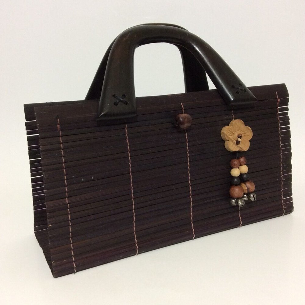 Womens Handmade Bamboo Handbag Wood Handles Loop Button Closure  Brown - Picture 2 of 12